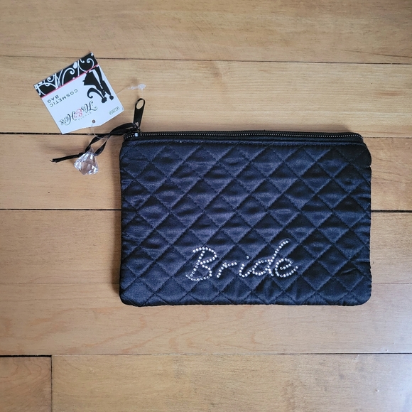 New With Tags Black Quilted Rhinestone Bride Clutch / Makeup Bag - Picture 5 of 6